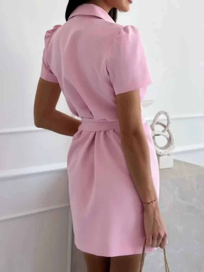 New Fashionable  Women's Casual Loose and Sweet Suit Dress Ladies Collar Double Breasted Bodycon Solid Color Dress