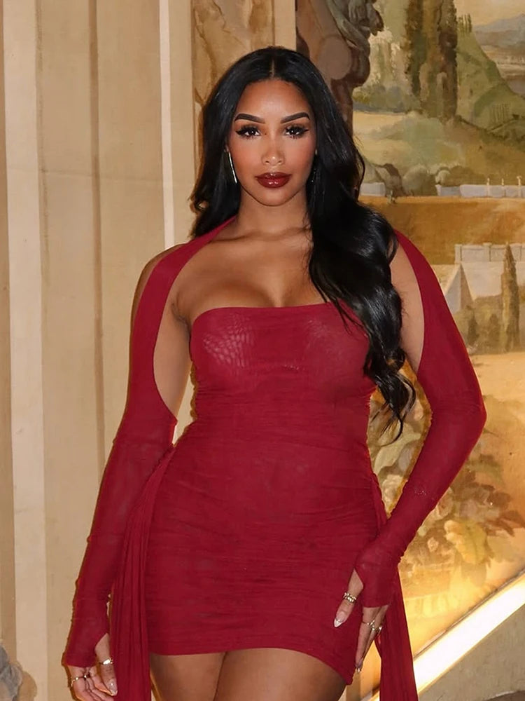 Sisterlinda Mesh Simple Mini Dress Fashion Solid Strapless Ribbons Tassel Body-shaping Vestidos+Seperately Full Sleeve Gloves