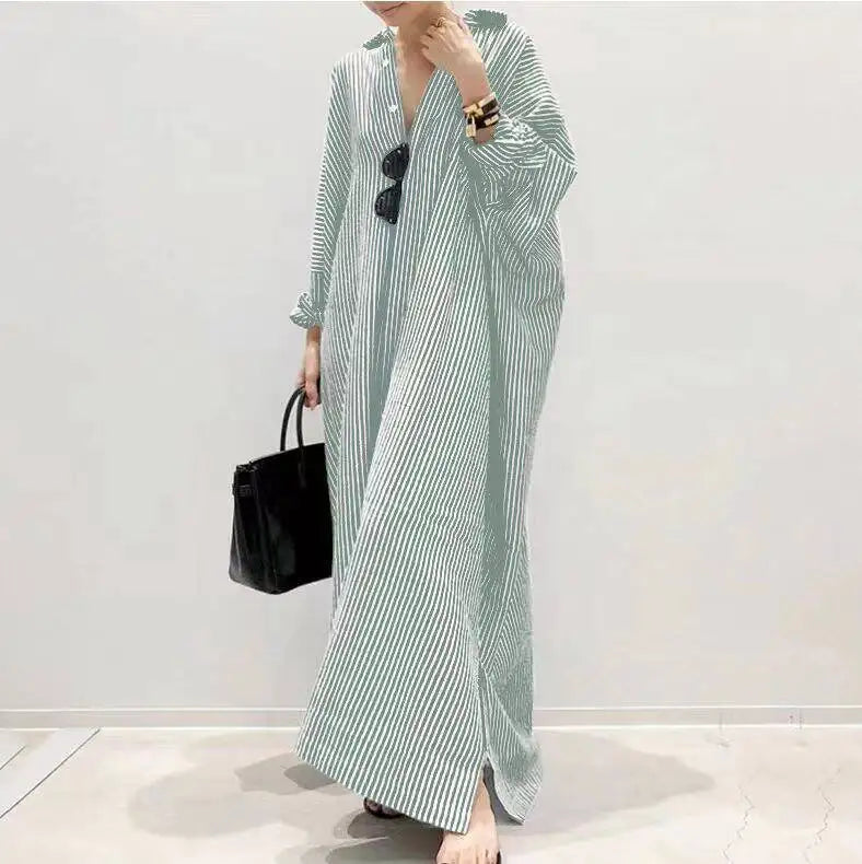 Casual Striped Loose Dresses For Women Fashion Long Sleeve Turn-down Collar Button Shirt Dress Lady Spring Autumn Clothes New