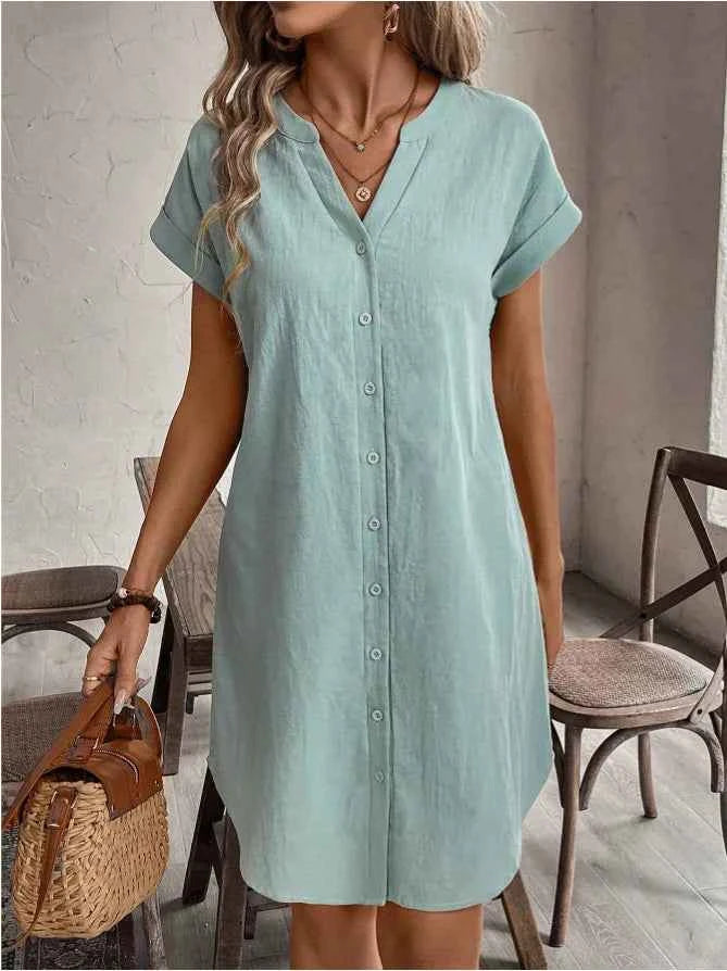 Women Casual Blouse Dress Simple V Neck Button Linen Dress Pockets Loose Large Size Shirt Dress Plus Size Womens Dresses