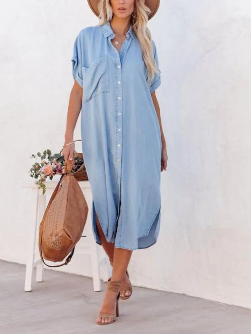 Women's Casual Loose Solid Color Short Sleeved Long Slit Shirt Dress with Shoulder Sleeves and Button Up Dress