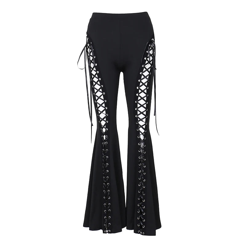 Y2K Gothic Black Velvet Lace Mesh Flare Pants Sexy Harajuku Aesthetic See Through Emo Pants Vintage Women Summer Pant Streetwear