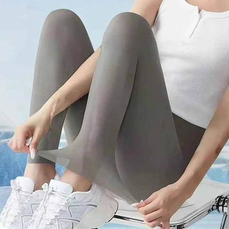 Summer Sunscreen High Waist Leggings Women Silky Ice Cooling 4-Way Stretch Capri Trousers Tummy Control Yoga Pants