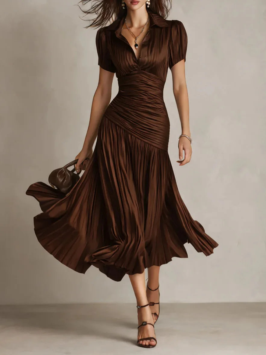 2026 New Summer Women's Striped High-waisted Shirt Dress Waist Slimming Short-sleeved Lapel A-line Skirt