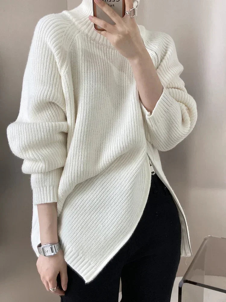 Women's Turtleneck Zipper Oversize Fashion Women Sweaters 2026 Autumn Knitwears Loose Thick Warm High Neck Solid Pullovers Women