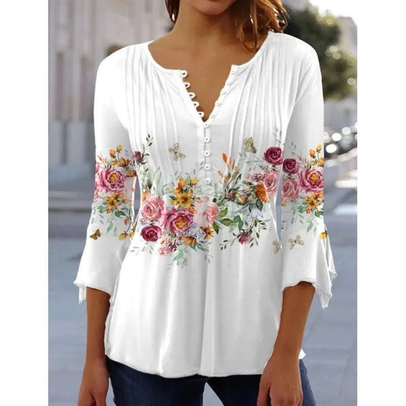 V-Neck Elegant Office Lady Blouses Tops Blusas 2024 Casual Trendy Summer Blouses Print Three Quarter Buttons Women Shirts S-3XL