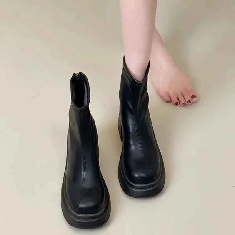 Booties Work Very High Heels Leather Female Short Shoes Combat Heeled Women's Ankle Boots Punk Style Boot Y2k Spring 2025 Autumn