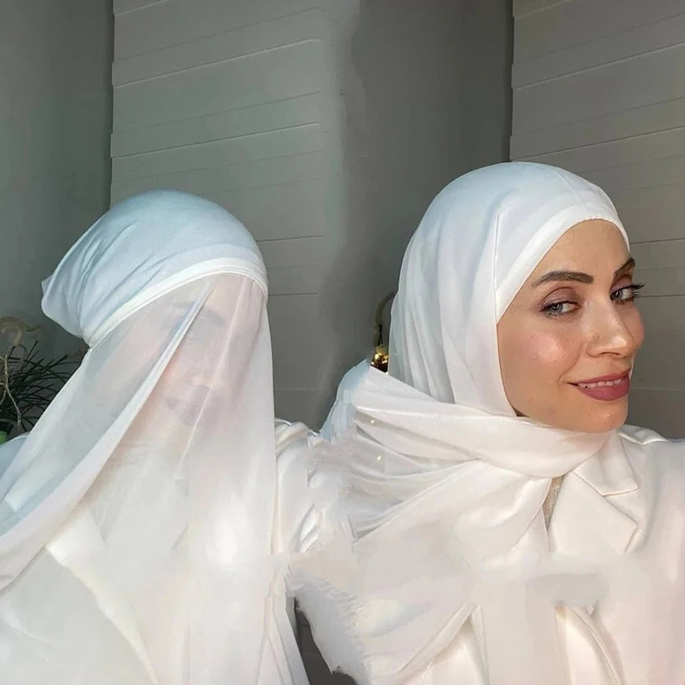 Instant Hijab with Tube Caps Women Premium Chiffon Hijab Muslim Soft Modal Cotton Open Caps Solid Colors Chiffon Shawl Turban