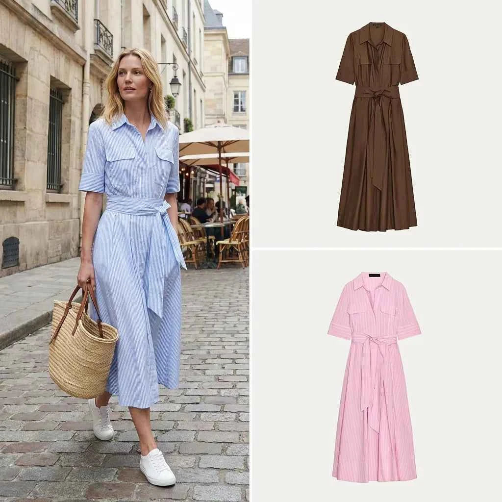 Casual Shirt Dress Women's Versatile Summer New Style Summer 2025 Chiffon High Waist A-Line Skirt Short Sleeve Loose Fit Sing...