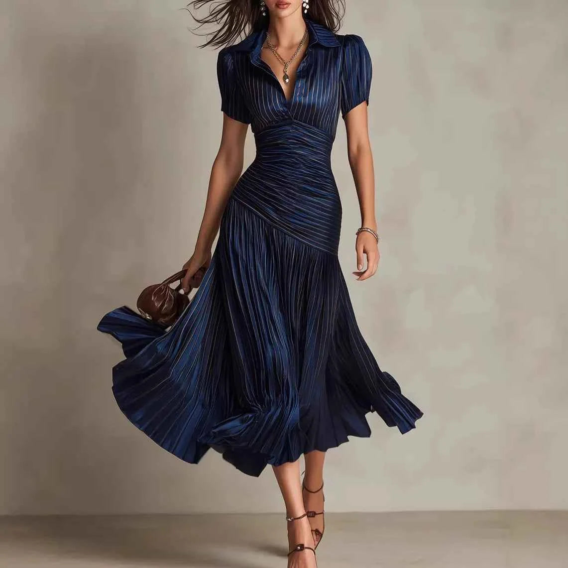 2026 New Summer Women's Striped High-waisted Shirt Dress Waist Slimming Short-sleeved Lapel A-line Skirt