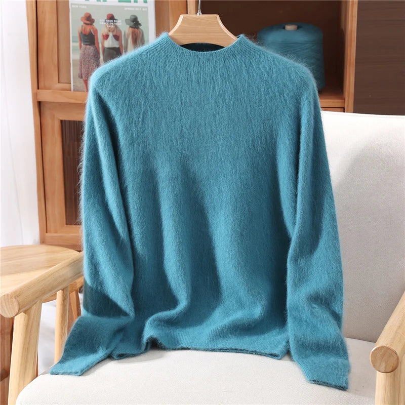Autumn Winter New Mink Cashmere Sweater Women's Half-Height Color Matching Knitted Pullover Casual Padded Wool Bottoming Coat