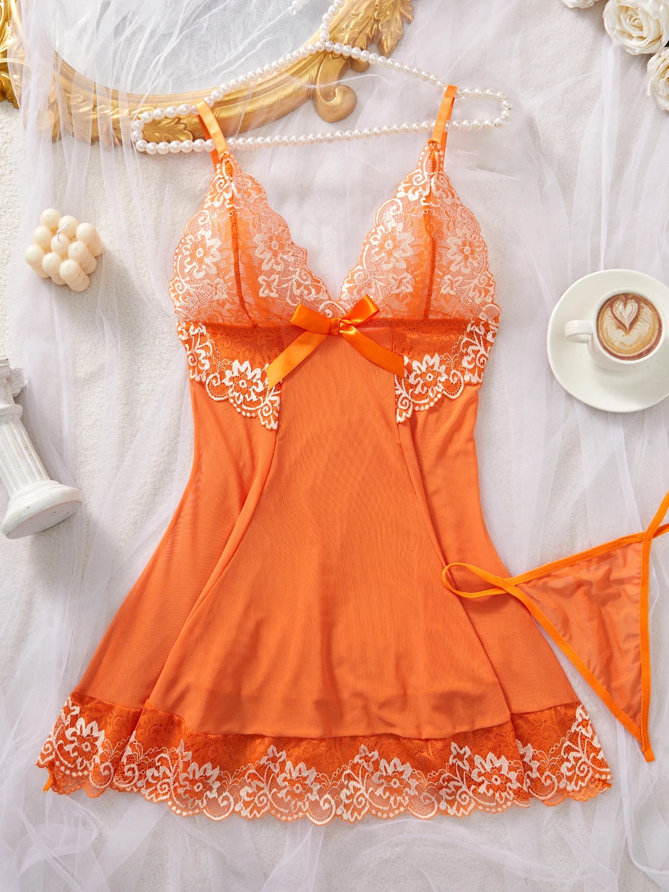 Elegant Lace See-Through Crotchless Dress Women's Sexy Lingerie Set Sensual Soft Sleepwear Pijamas Nighty