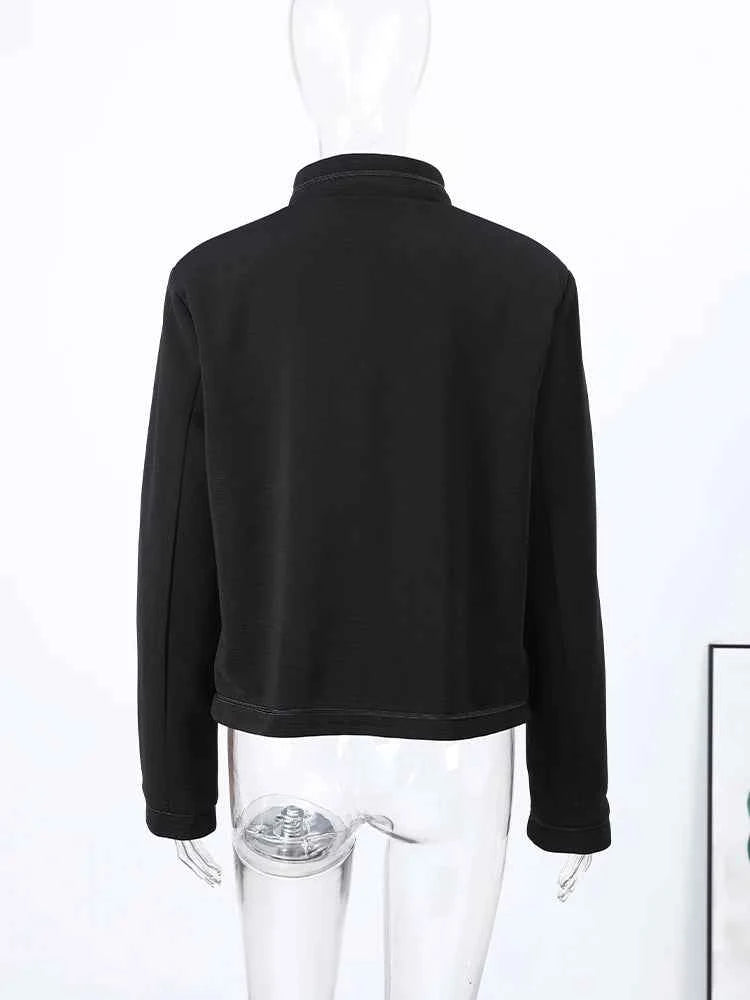 Retro Horn Button Black Jacket For Women Elegant Long Sleeve Stand Collar Coat 2026 Spring New Chic Lady Street Casual Outerwear