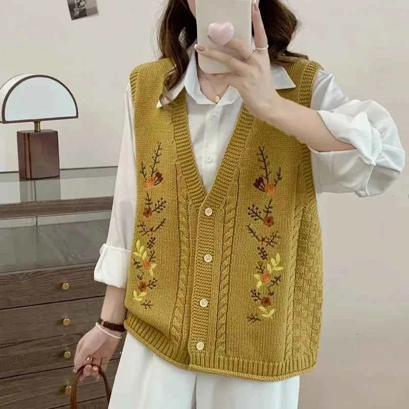 Spring Autumn 2024 Chinese Style Fashion Women's Knitted Cardigan Sweater Vest Sleeveless Age Reduction Ladies Waistcoat Jacket