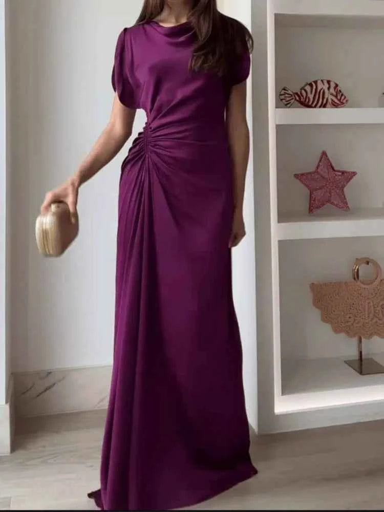Casual O-neck Draped Gowns Dress Elegant Hight Waist Slim Fit Evening Dress Vestidos  Women Fashion Temperament Solid Long Dress