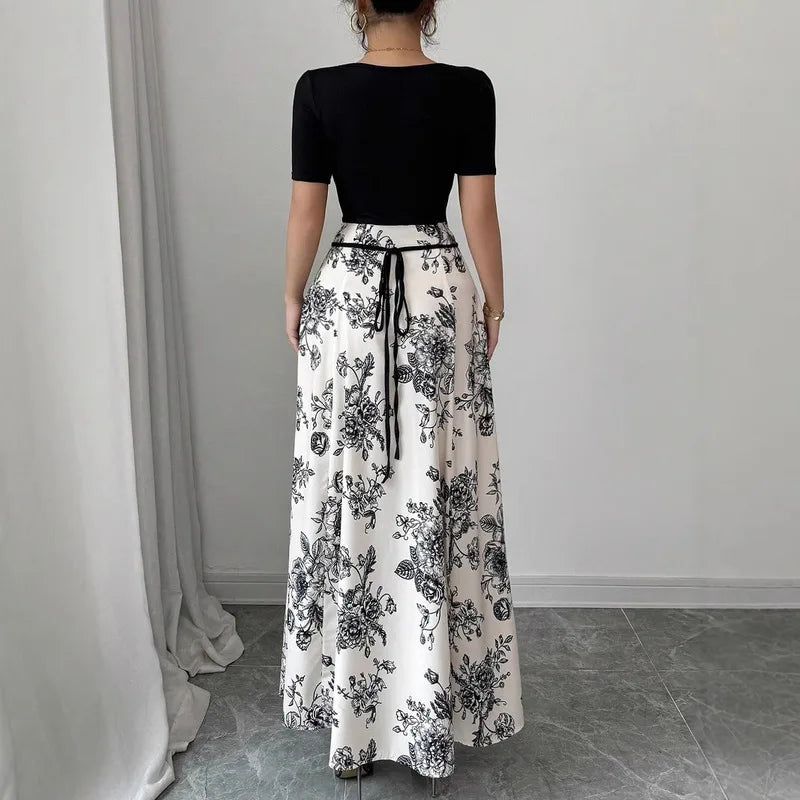 Womens Dresses Casual And Elegant Temperament Floral Print Short Sleeved Long Dress