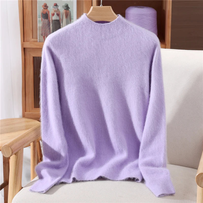 Autumn Winter New Mink Cashmere Sweater Women's Half-Height Color Matching Knitted Pullover Casual Padded Wool Bottoming Coat