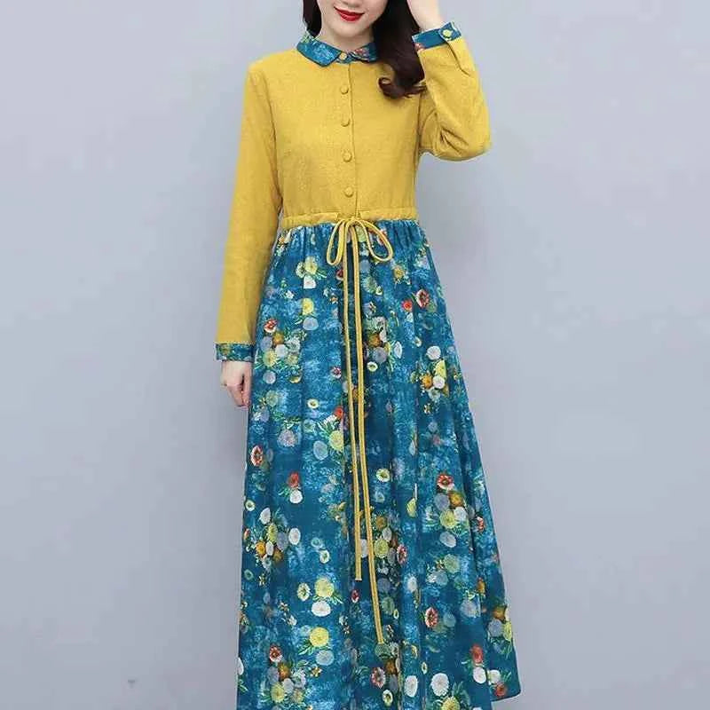 Women's Clothing Casual Printed Dresses Spring Autumn New Single-breasted Fashion Turn-down Collar Commute Drawstring Long Dress