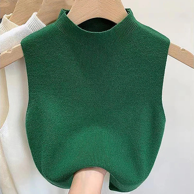 1PC Fashion Half Turtleneck Knitted Tank Top Summer Women Casual Solid Color Sleeveless Vest