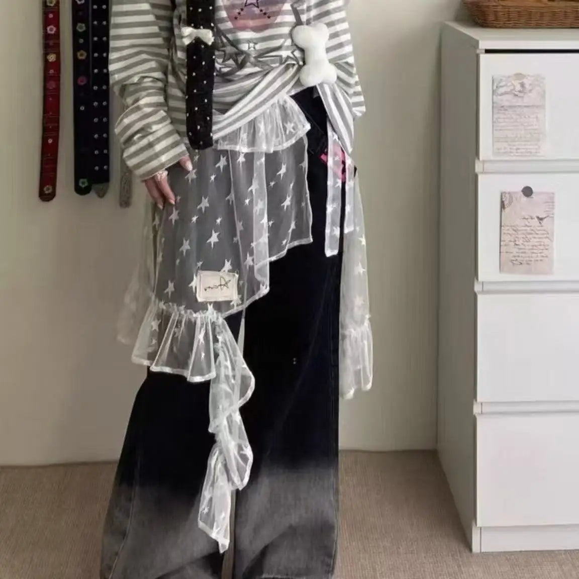 Hollow Out Irregular Lace Skirts Chic Lace-up Design Stacked Layered Feeling Mesh Apron Vintage Women Y2k White Jacquard