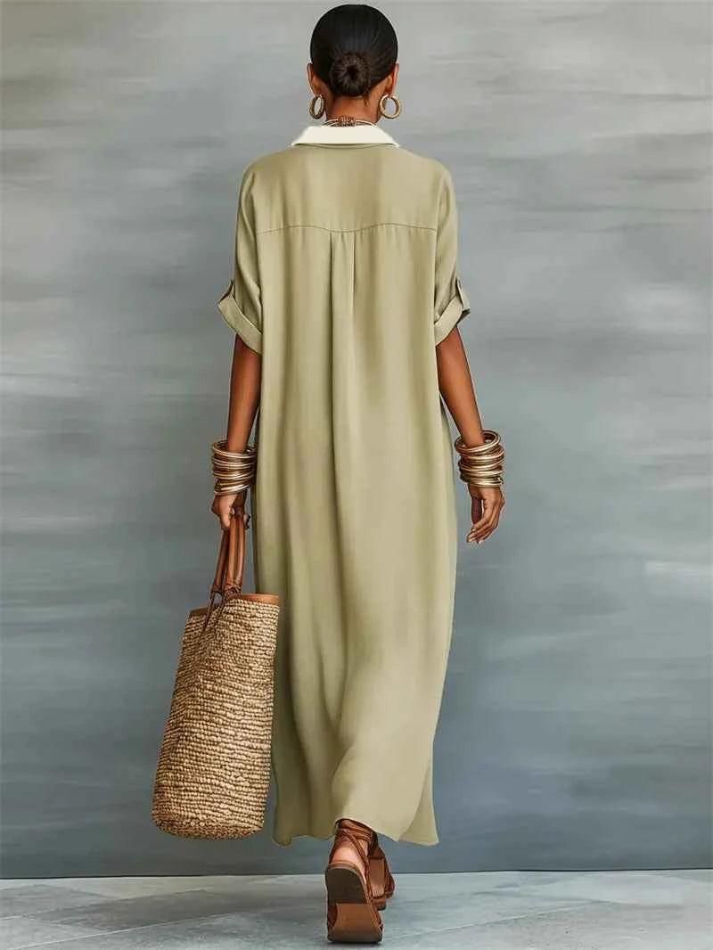 Women Comfortable Casual Cotton Linen Dresses Summer Contrasting Loose Maxi Shirt Dress Female Turndown Collar Short Sleeve Gown