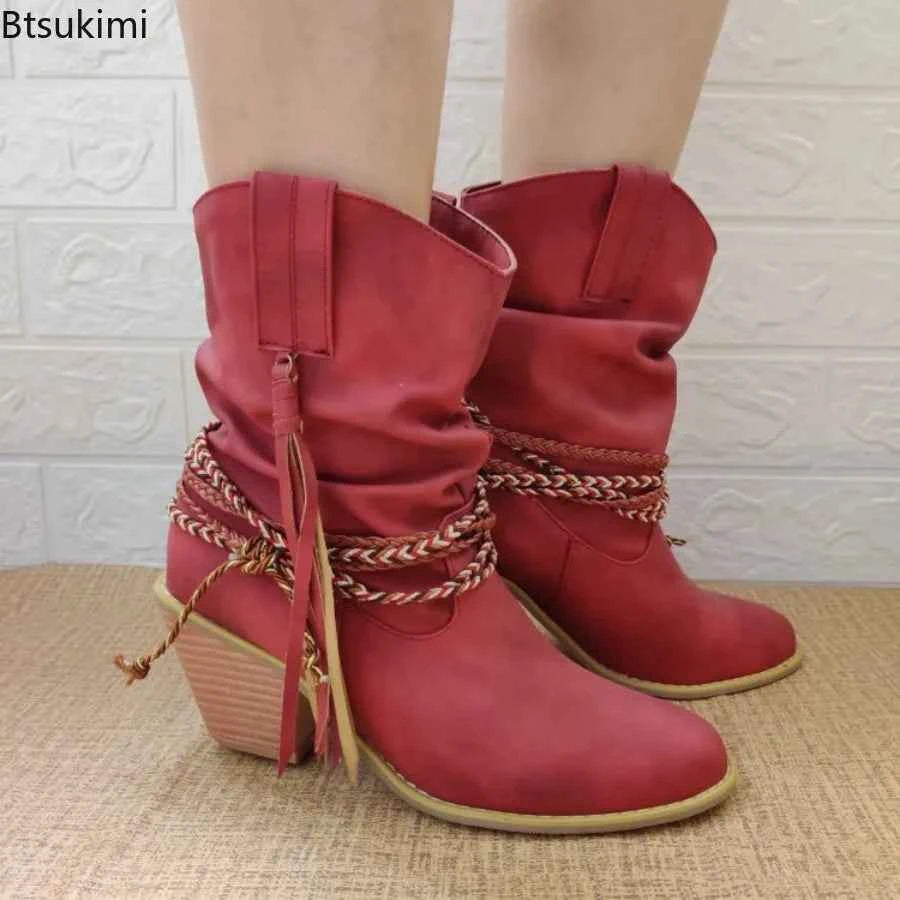 2026 Women's Brown Western Boots Autumn and Winter High Heels Short Boots Retro Pointed Toe Chunky Heels Ankel Boots for Women
