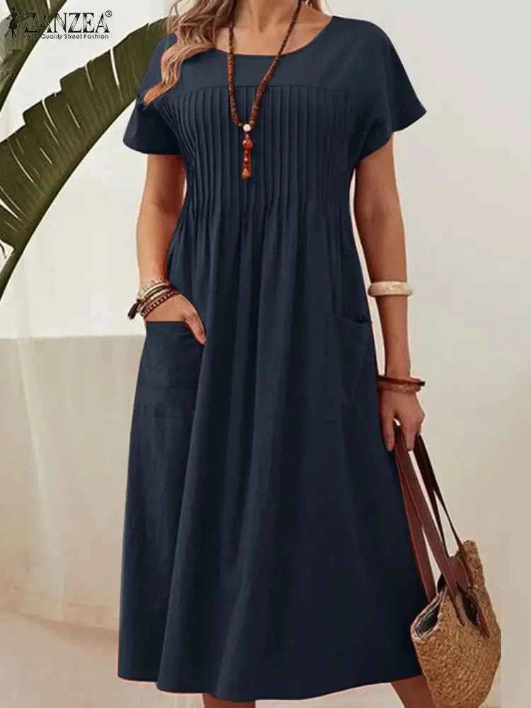 ZANZEA Fashion Summer Women Party Holiday Sundress Elegant O Neck Short Sleeve Solid Mid-calf Dress Casual Vestido Robe Femme