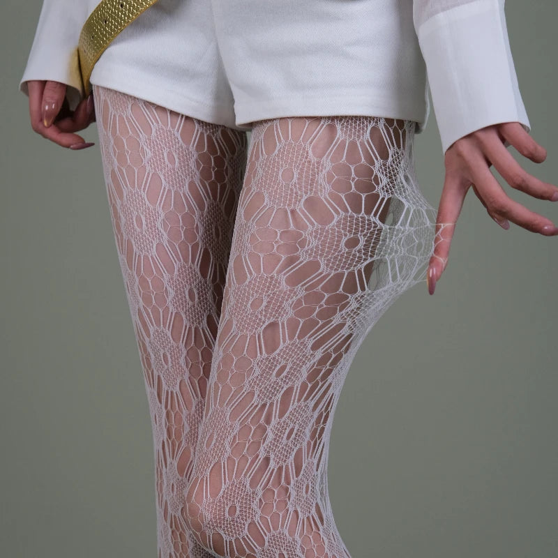 Harajuku Purple Hollowed Out Lace Mesh Pantyhose Summer Thin Floral Rattan Bottomed Stockings Sexy Women Tights Fashion Hosiery