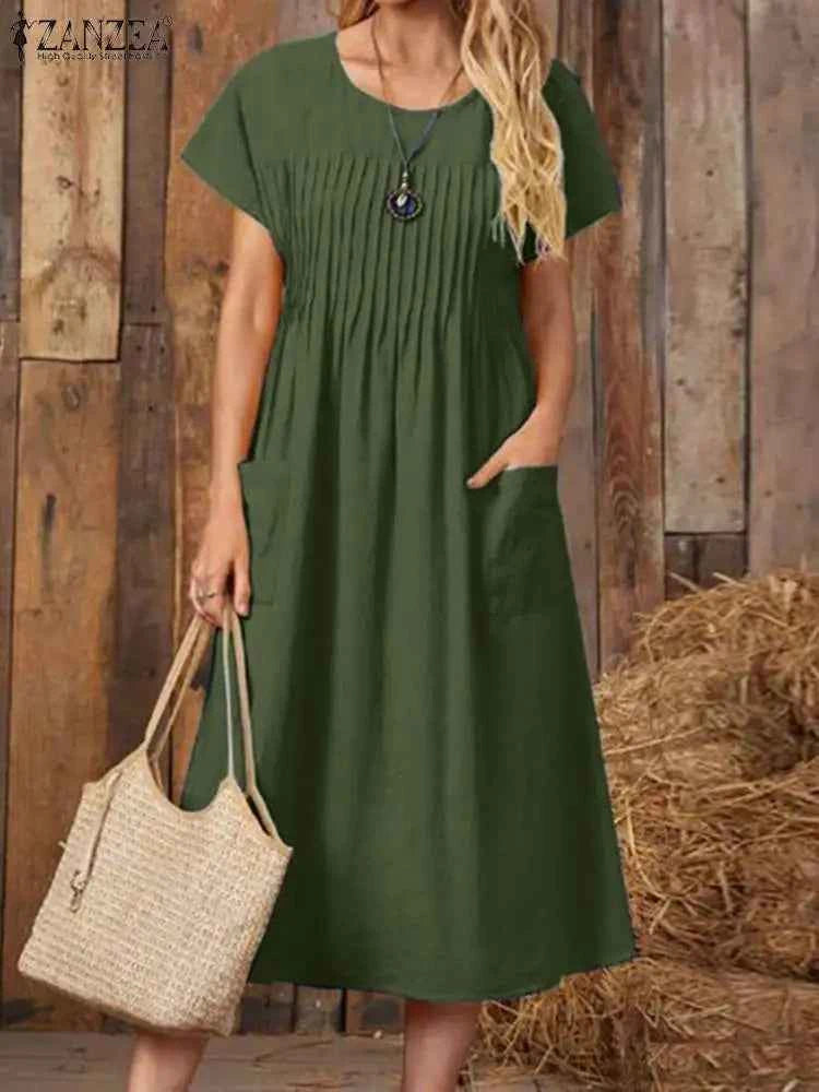 ZANZEA Fashion Summer Women Party Holiday Sundress Elegant O Neck Short Sleeve Solid Mid-calf Dress Casual Vestido Robe Femme