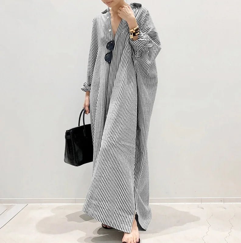 Casual Striped Loose Dresses For Women Fashion Long Sleeve Turn-down Collar Button Shirt Dress Lady Spring Autumn Clothes New
