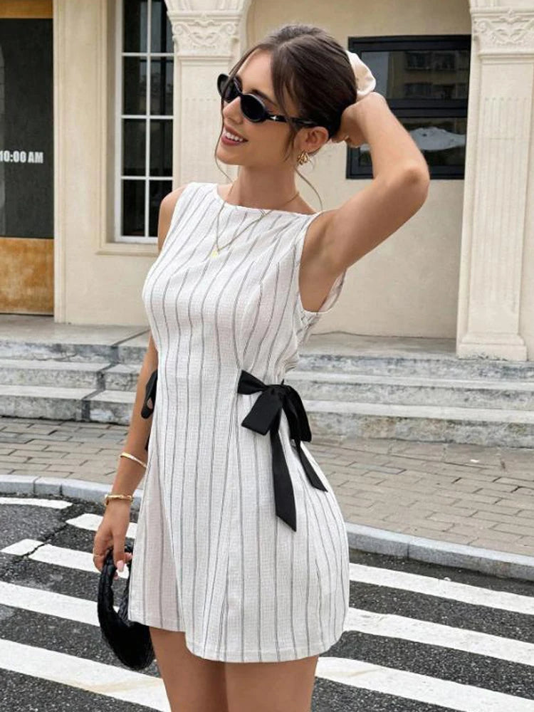 Casual Women White Thin Striped Side Bow Mini Dress Casual Sleeveless Bodycon Round Neck Dresses Summer Street Commute Gowns