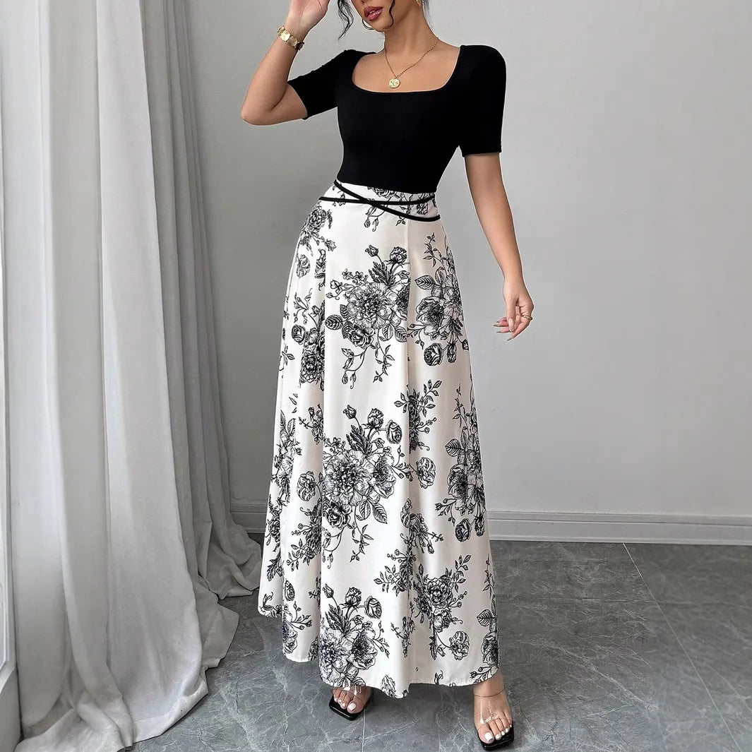 Womens Dresses Casual And Elegant Temperament Floral Print Short Sleeved Long Dress