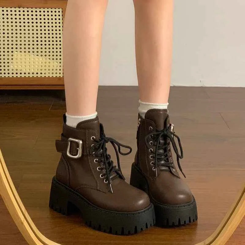 Black Thick Heel  Boots Women's British Style Spring Autumn New Fleece Lined Heightening Short Boots Warm round Toe