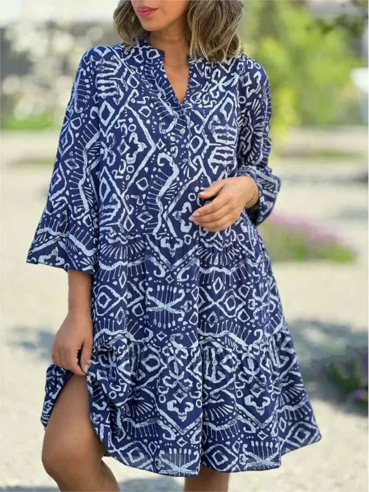 Women Casual Print Dress Fashion V Neck Pullover Loose Dresses Robe Femme Holiday Beach Dresses Lady Summer Womens Clothing New