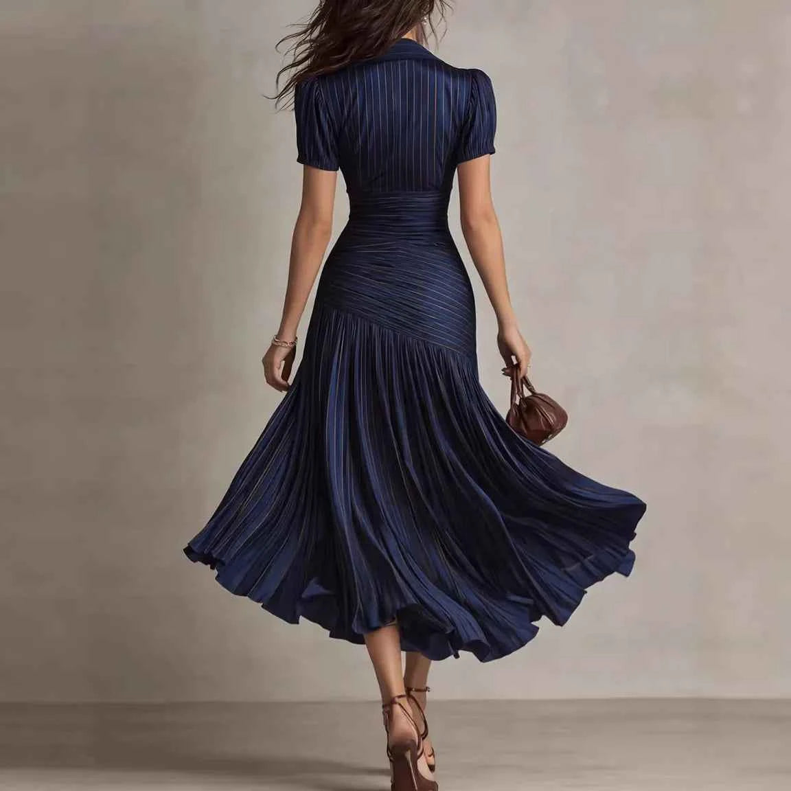2026 New Summer Women's Striped High-waisted Shirt Dress Waist Slimming Short-sleeved Lapel A-line Skirt