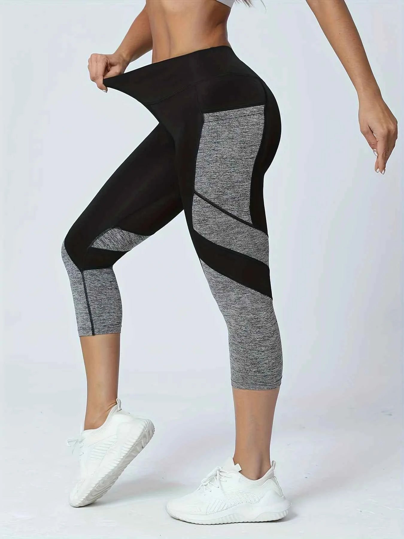 Women's Patchwork Pocket High Waist Yoga Pants Capri Leggings Tummy Tuck Sweatpants