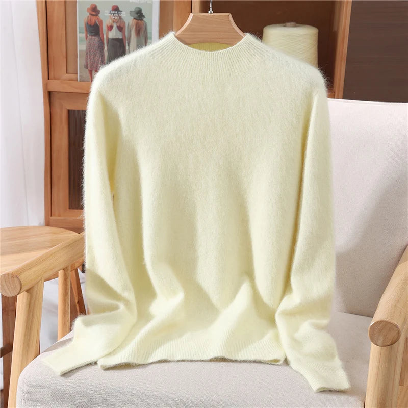 Autumn Winter New Mink Cashmere Sweater Women's Half-Height Color Matching Knitted Pullover Casual Padded Wool Bottoming Coat