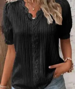 Women Fashion Solid Color Blouses Shirts Casual V-Neck Short Sleeve Elegant Blouses Tops Ladies Summer Classics Basic White Tops