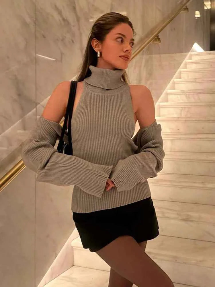 Women Turtleneck Backless Knitted Vest Set Ribbed Sleeveless Vest Long Sleeve Shawl Cape Sweater 2 Piece Set Casual Knit Outfits