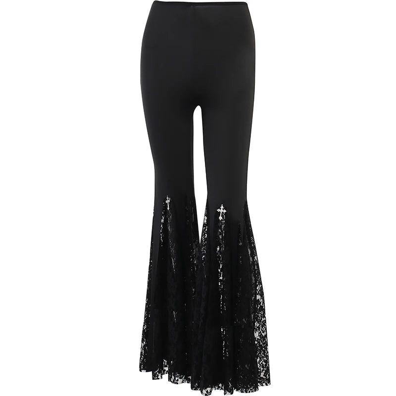 Y2K Gothic Black Velvet Lace Mesh Flare Pants Sexy Harajuku Aesthetic See Through Emo Pants Vintage Women Summer Pant Streetwear