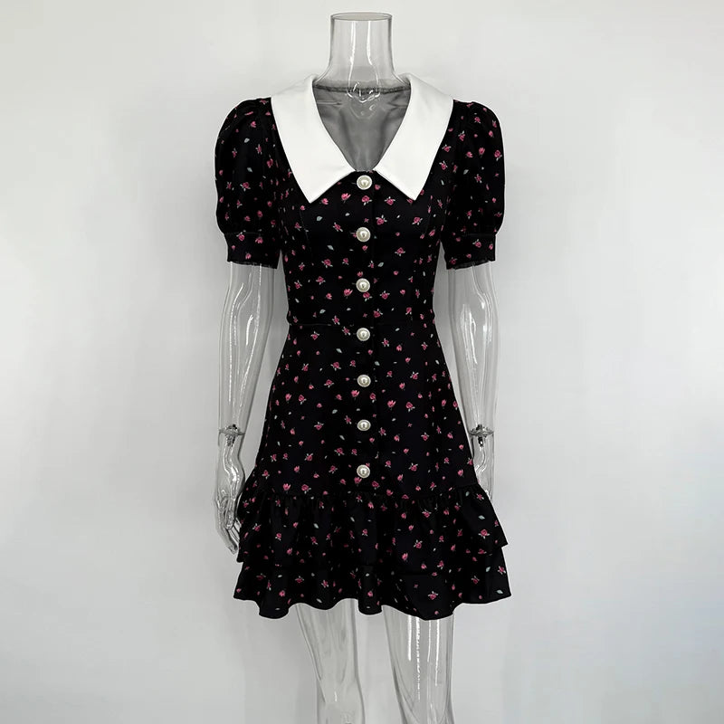 Women's Puff Sleeve Mini Dress V Neck Short Sleeve Pearl Button Detail High Waist Elegant Evening Party Dress
