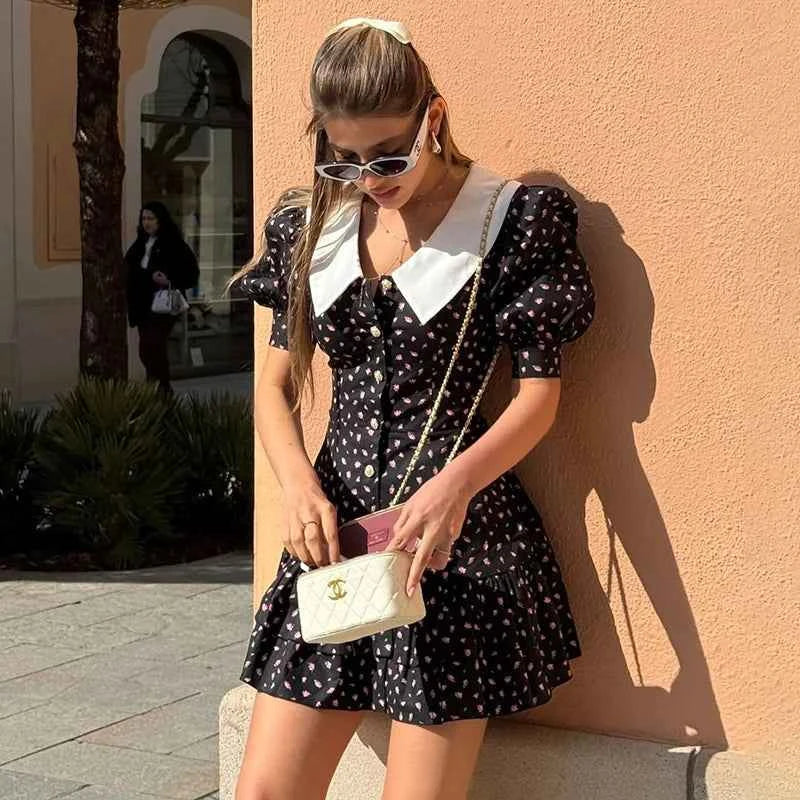 Women's Puff Sleeve Mini Dress V Neck Short Sleeve Pearl Button Detail High Waist Elegant Evening Party Dress