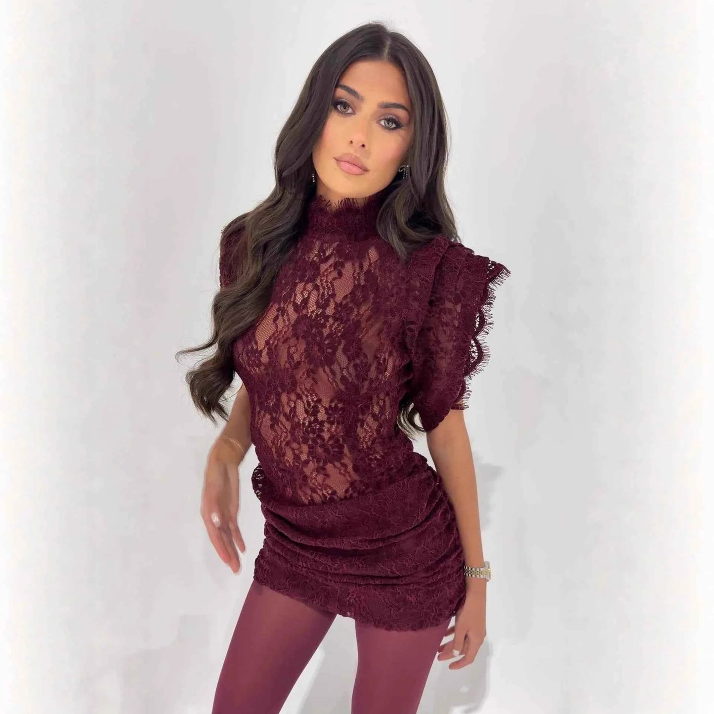 Elegant Lace Dress Fashion Retro Half High Collar Sleeveless Slim Wrap Hips Mini Dress Women's Sexy Party Dress Female Clothing