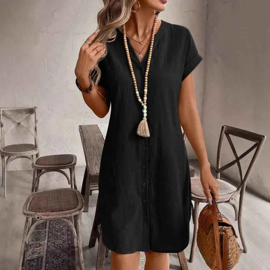 Women Casual Blouse Dress Simple V Neck Button Linen Dress Pockets Loose Large Size Shirt Dress Plus Size Womens Dresses
