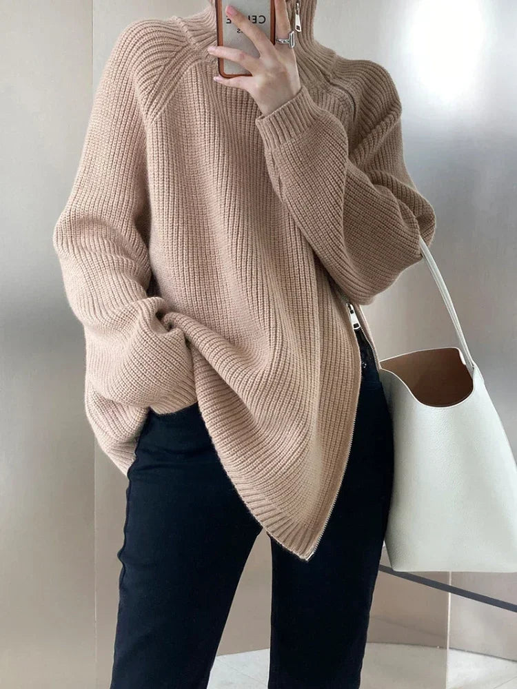 Women's Turtleneck Zipper Oversize Fashion Women Sweaters 2026 Autumn Knitwears Loose Thick Warm High Neck Solid Pullovers Women