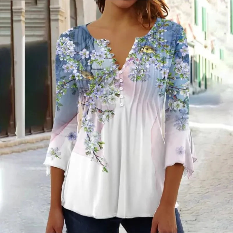 V-Neck Elegant Office Lady Blouses Tops Blusas 2024 Casual Trendy Summer Blouses Print Three Quarter Buttons Women Shirts S-3XL