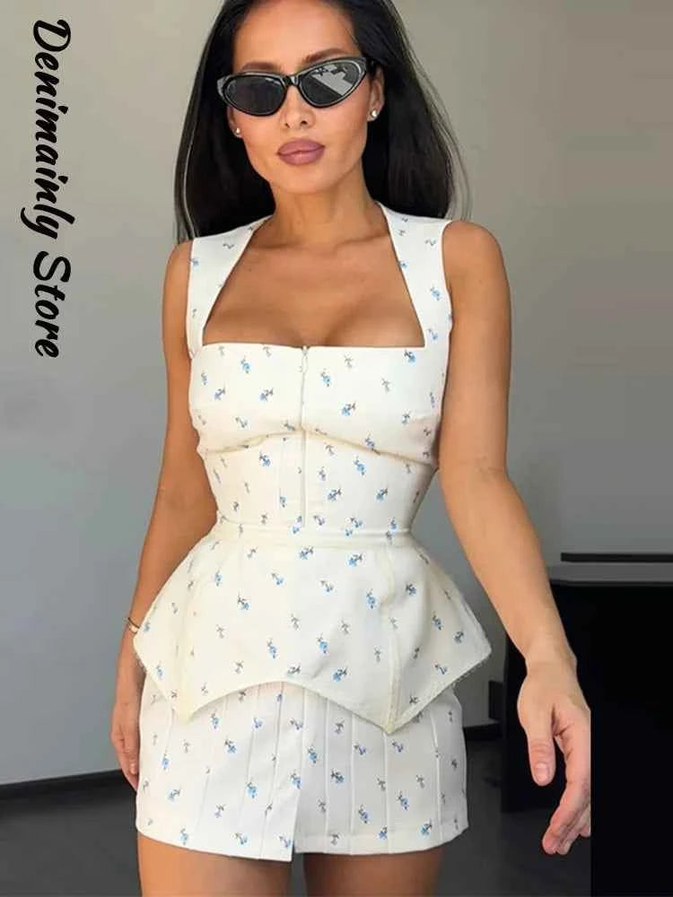 Elegant Women's Printed Waistband Short Dress Square Collar Sleeveless Zipper Waist-Closed Dresses 2026 Summer Lady Party Robes