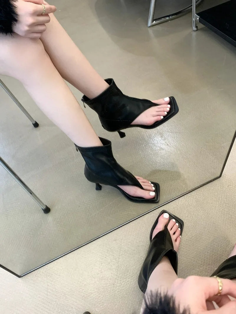 High Heels Women  Fashionable Cool Boots Summer New Style Back Zipper High Heels Toe Cover High Top Sandals Womens Shoes