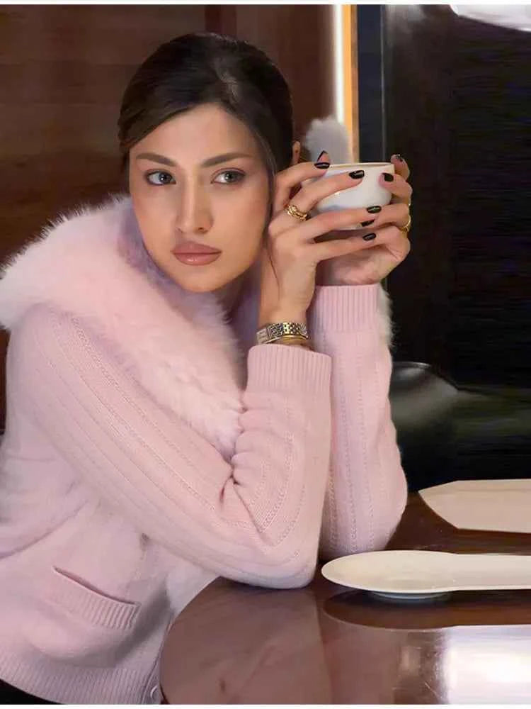 Cozy Stylish Jacket Pink Knit Classic Trend Luxe Lady Cardigans Urban Elegant Relaxed Daily Women's Casual-chic Outfit