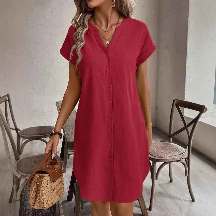 Women Casual Blouse Dress Simple V Neck Button Linen Dress Pockets Loose Large Size Shirt Dress Plus Size Womens Dresses